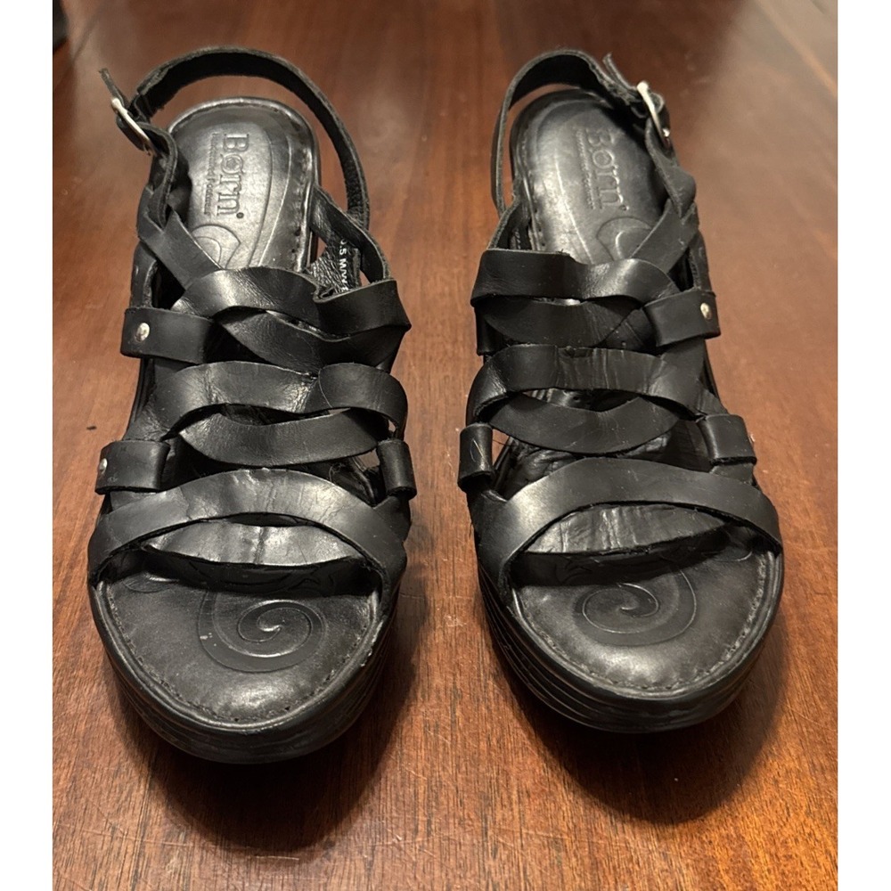 Born Women's Black Leather Wedge Sandals Size 9 / 40.5M – Comfort Platform Heel - Picture 3 of 11